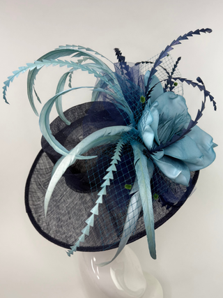 NAVY BLUE FLIPPED BRIM WITH TURQUOISE BLUE BLOOM KENTUCKY DERBY HAT