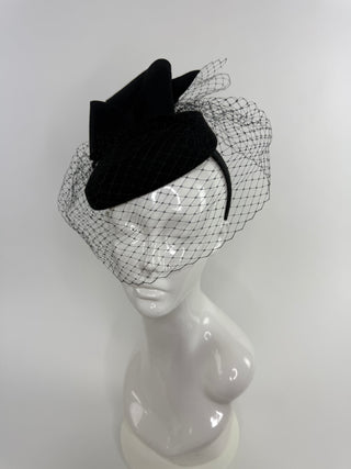 BLACK BOW FORMAL WOOL FASCINATOR WITH VEIL ON HEADBAND