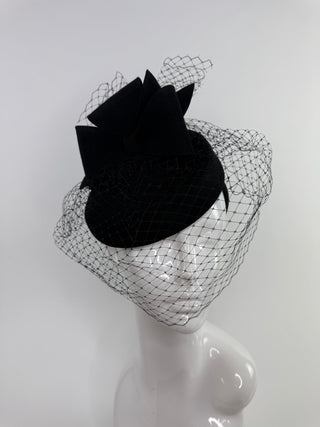 BLACK BOW FORMAL WOOL FASCINATOR WITH VEIL ON HEADBAND