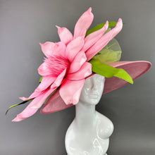 Load image into Gallery viewer, PINK DERBY HAT WITH PINK FLORAL BLOOM