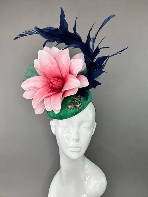 GREEN FASCINATOR WITH BLUSH BLOOM