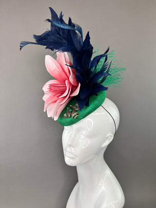 GREEN FASCINATOR WITH BLUSH BLOOM