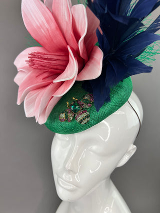 GREEN FASCINATOR WITH BLUSH BLOOM