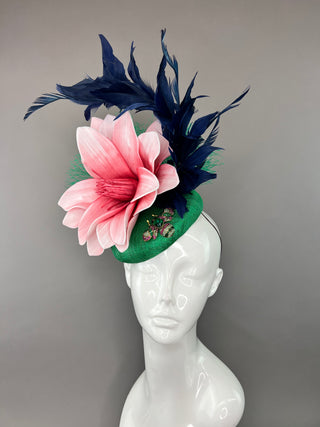 GREEN FASCINATOR WITH BLUSH BLOOM