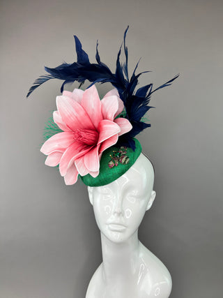 GREEN FASCINATOR WITH BLUSH BLOOM