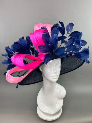 PINK SILK ABACA BOW AND NAVY BLUE DERBY HAT
