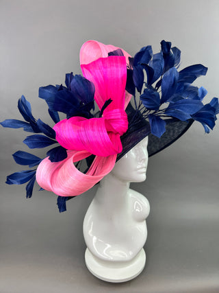 PINK SILK ABACA BOW AND NAVY BLUE DERBY HAT