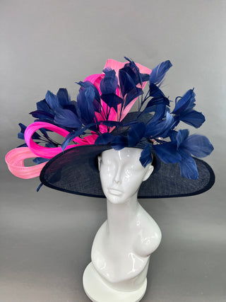 PINK SILK ABACA BOW AND NAVY BLUE DERBY HAT