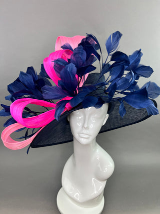 PINK SILK ABACA BOW AND NAVY BLUE DERBY HAT
