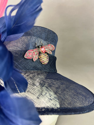 PINK SILK ABACA BOW AND NAVY BLUE DERBY HAT
