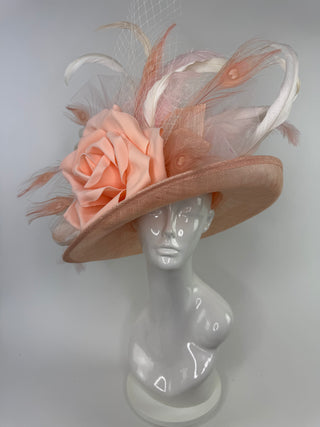 PEACH AND LIGHT PINK DERBY HAT WITH FEATHERS