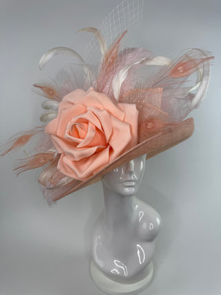 PEACH AND LIGHT PINK DERBY HAT WITH FEATHERS