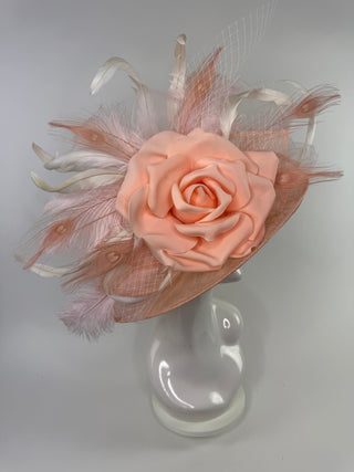 PEACH AND LIGHT PINK DERBY HAT WITH FEATHERS