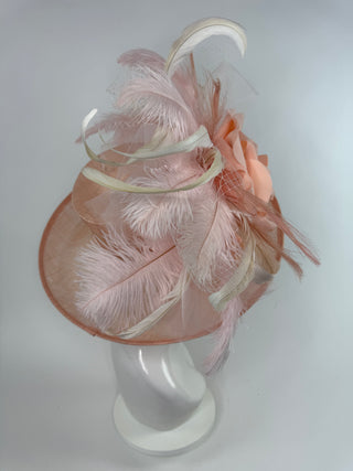 PEACH AND LIGHT PINK DERBY HAT WITH FEATHERS