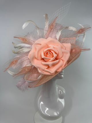 PEACH AND LIGHT PINK DERBY HAT WITH FEATHERS