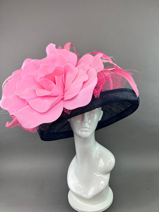 NAVY BLUE FLIPPED BRIM HAT WITH PINK FLORAL BLOOM