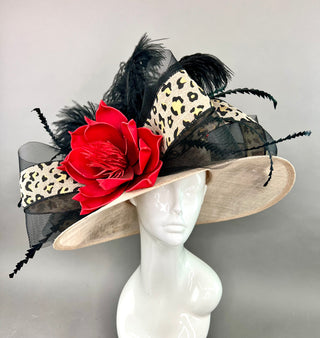 ANIMAL PRINT KENTUCKY DERBY HAT  WITH RED BLOOM