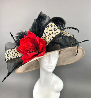 ANIMAL PRINT KENTUCKY DERBY HAT  WITH RED BLOOM