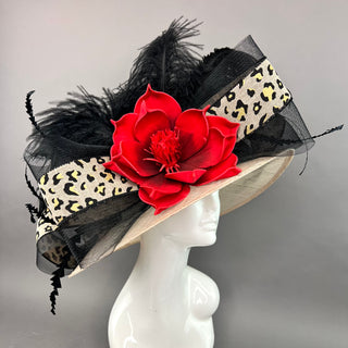 ANIMAL PRINT KENTUCKY DERBY HAT  WITH RED BLOOM