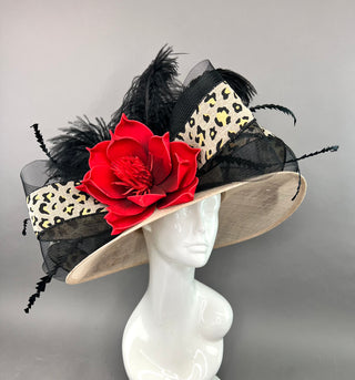 ANIMAL PRINT KENTUCKY DERBY HAT  WITH RED BLOOM