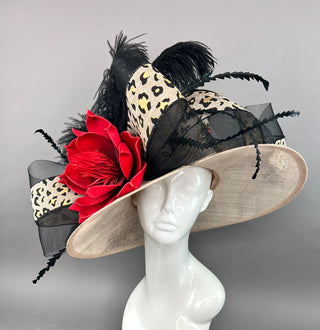 ANIMAL PRINT KENTUCKY DERBY HAT  WITH RED BLOOM