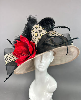 ANIMAL PRINT KENTUCKY DERBY HAT  WITH RED BLOOM