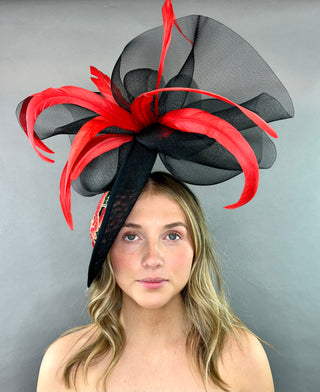 BLACK WITH RED ROSE EMBROIDERY FASCINATOR