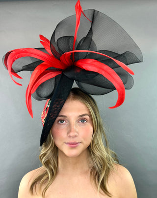 BLACK WITH RED ROSE EMBROIDERY FASCINATOR