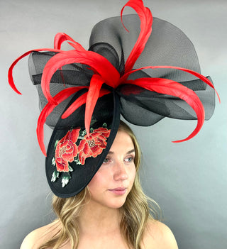 BLACK WITH RED ROSE EMBROIDERY FASCINATOR