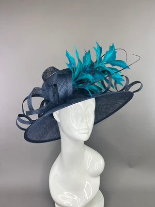 NAVY HAT WITH TEAL FEATHER SPRAY