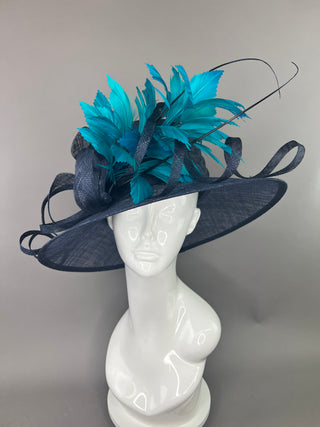 NAVY HAT WITH TEAL FEATHER SPRAY