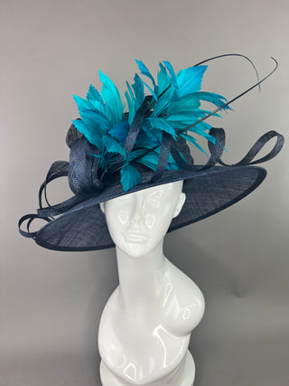 NAVY HAT WITH TEAL FEATHER SPRAY