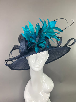 NAVY HAT WITH TEAL FEATHER SPRAY