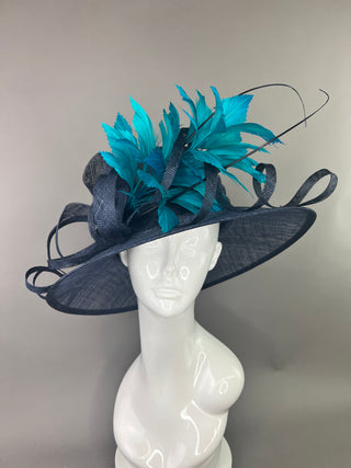 NAVY HAT WITH TEAL FEATHER SPRAY