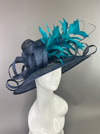 NAVY HAT WITH TEAL FEATHER SPRAY