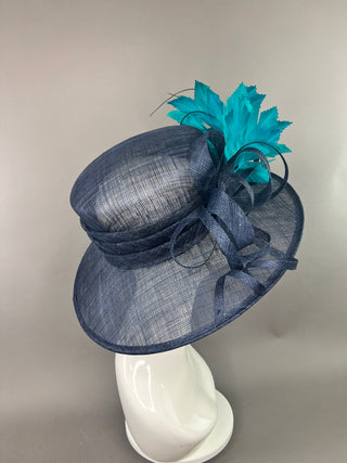 NAVY HAT WITH TEAL FEATHER SPRAY