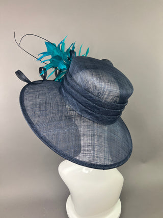 NAVY HAT WITH TEAL FEATHER SPRAY