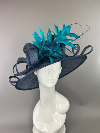 NAVY HAT WITH TEAL FEATHER SPRAY