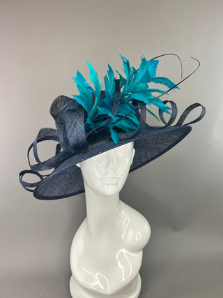 NAVY HAT WITH TEAL FEATHER SPRAY