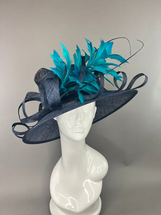 NAVY HAT WITH TEAL FEATHER SPRAY