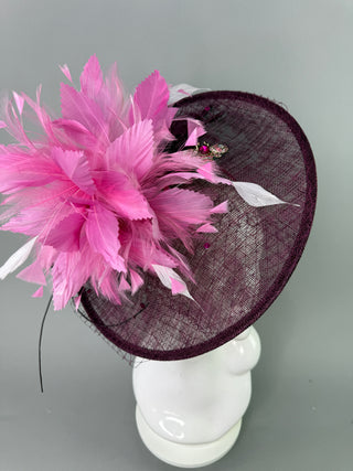 BURGUNDY MERLOT PINK FEATHER SPRAY FASCINATOR HAT