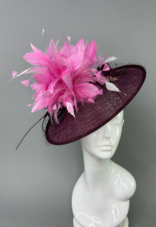 BURGUNDY MERLOT PINK FEATHER SPRAY FASCINATOR HAT