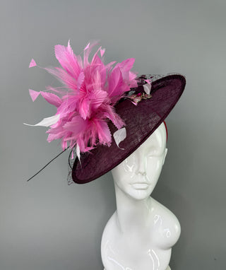 BURGUNDY MERLOT PINK FEATHER SPRAY FASCINATOR HAT