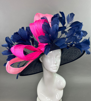 PINK SILK ABACA BOW AND NAVY BLUE DERBY HAT
