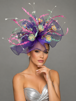 PURPLE IRIDESCENT ROSE BOQUET FASCINATOR