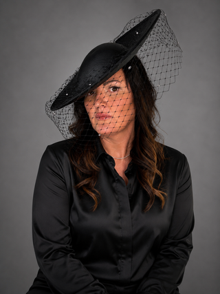 BLACK SATIN FORMAL FASCINATOR WITH RHINESTONE VEIL ON HEADBAND