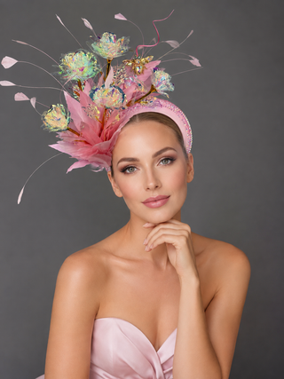 LIGHT PINK HEADBAND FASCINATOR WITH IRIDESCENT ROSES.