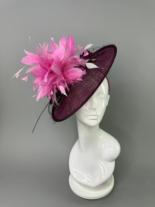 BURGUNDY MERLOT PINK FEATHER SPRAY FASCINATOR HAT