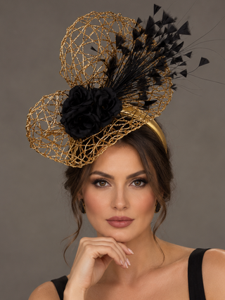 METALLIC GOLD & BLACK SHAPED FASCINATOR