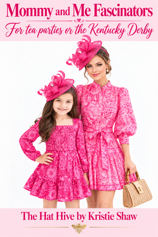 Mommy and Me Fascinators' hats by The Hat Hive by Kristie Shaw. It features a woman and a young girl wearing matching bright pink floral patterned hats with large feathered fascinator crowns, styled with matching pink dresses and a beige handbag against a white background with pink text banners.
